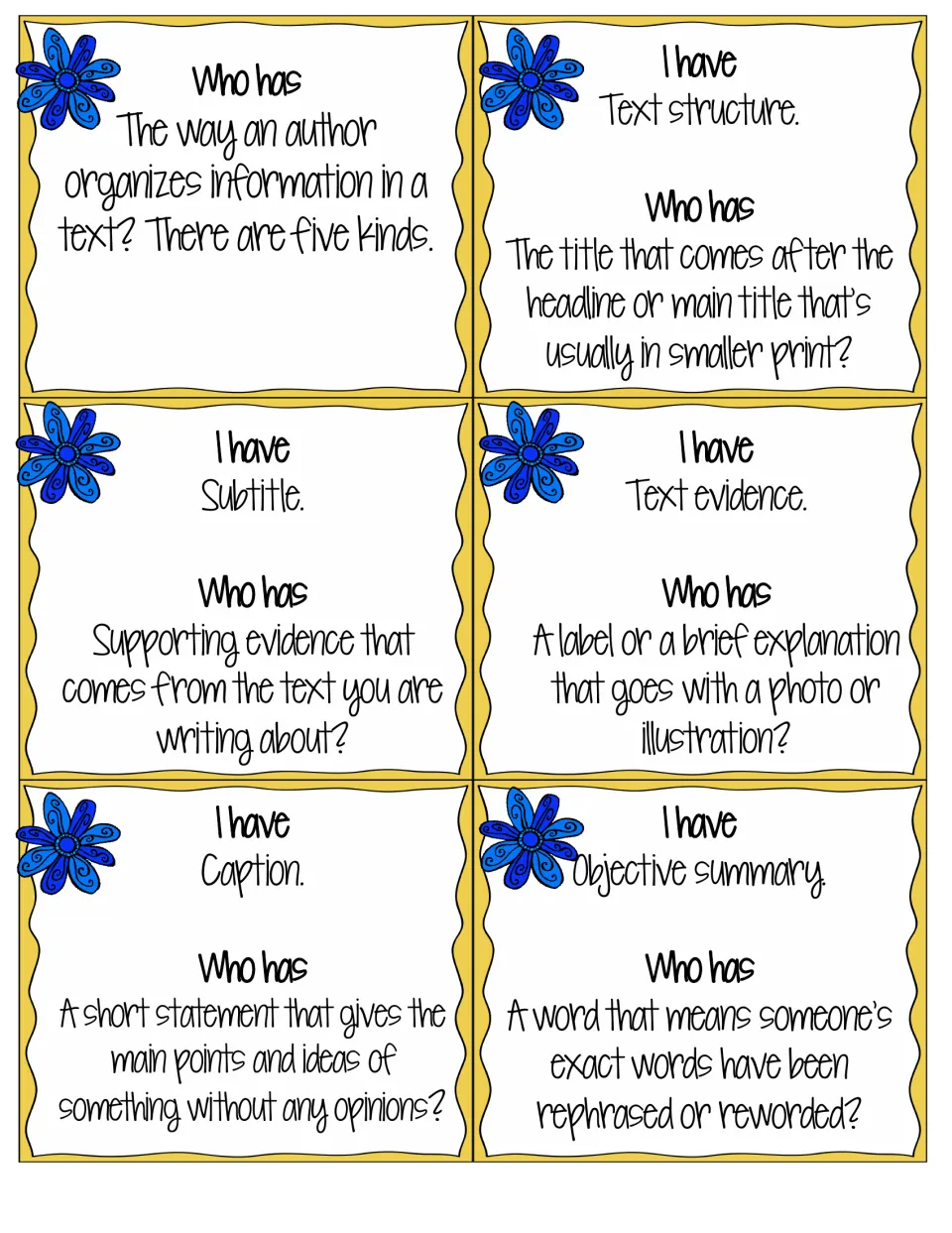 Six game cards matching terms to definitions: text structure, subtitle, text evidence, caption and objective summary