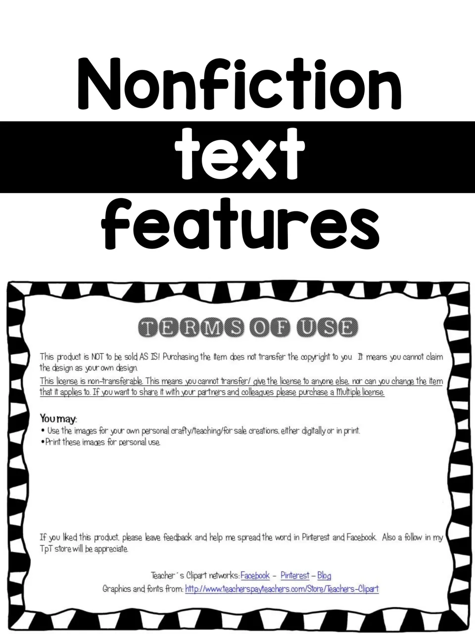 Nonfiction text features cover: large title above a terms of use notice limiting sharing and resale