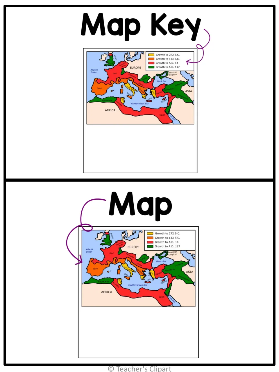 Map key and map posters: a Mediterranean map showing growth to A.D. 117 with a four-colour key