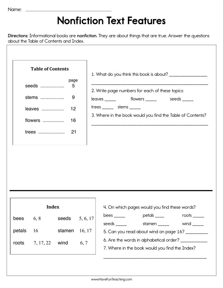 Nonfiction Text Features Worksheet by Teach Simple