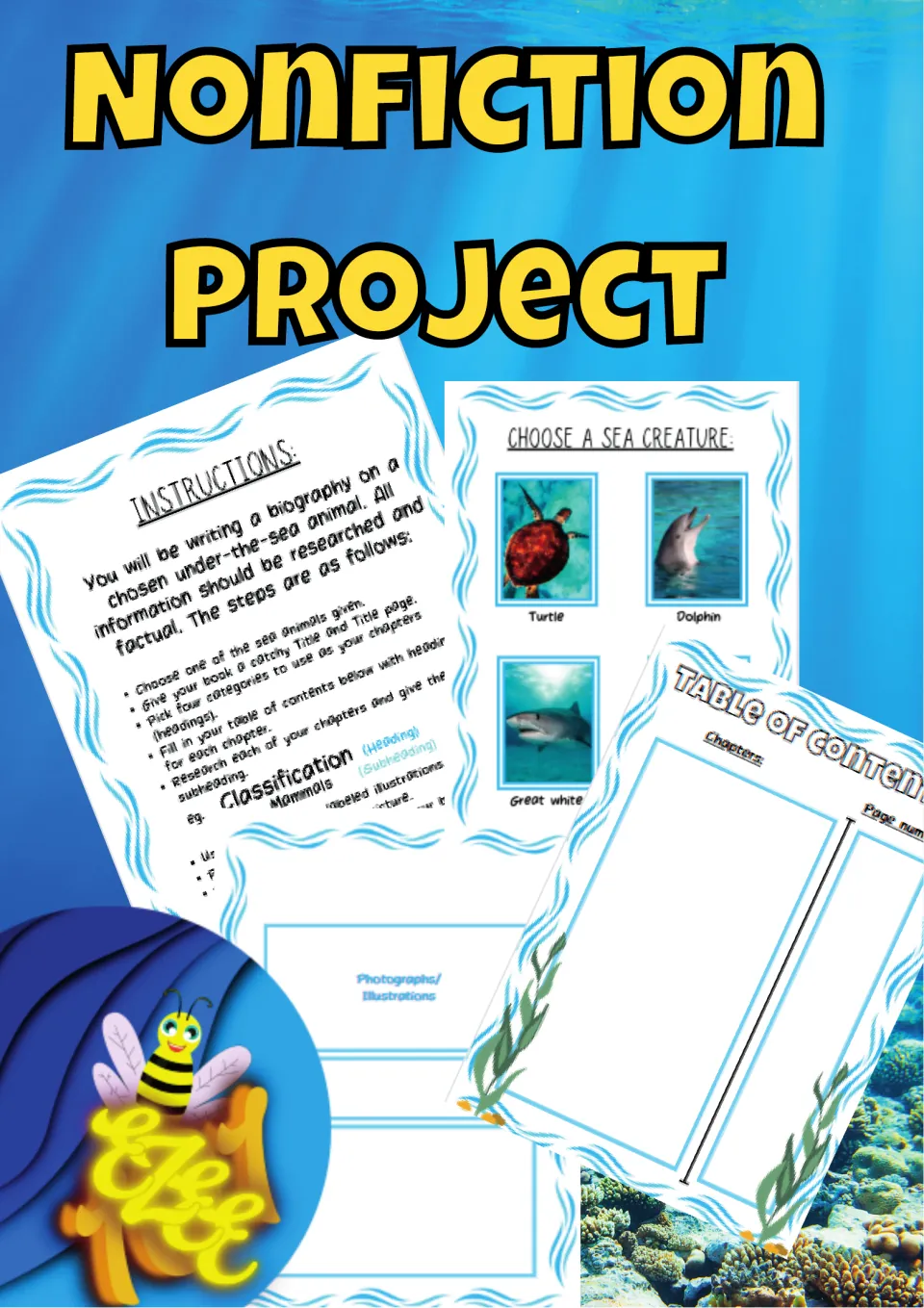 Nonfiction project cover showing sample instructions, sea animal choices, contents, and chapter templates