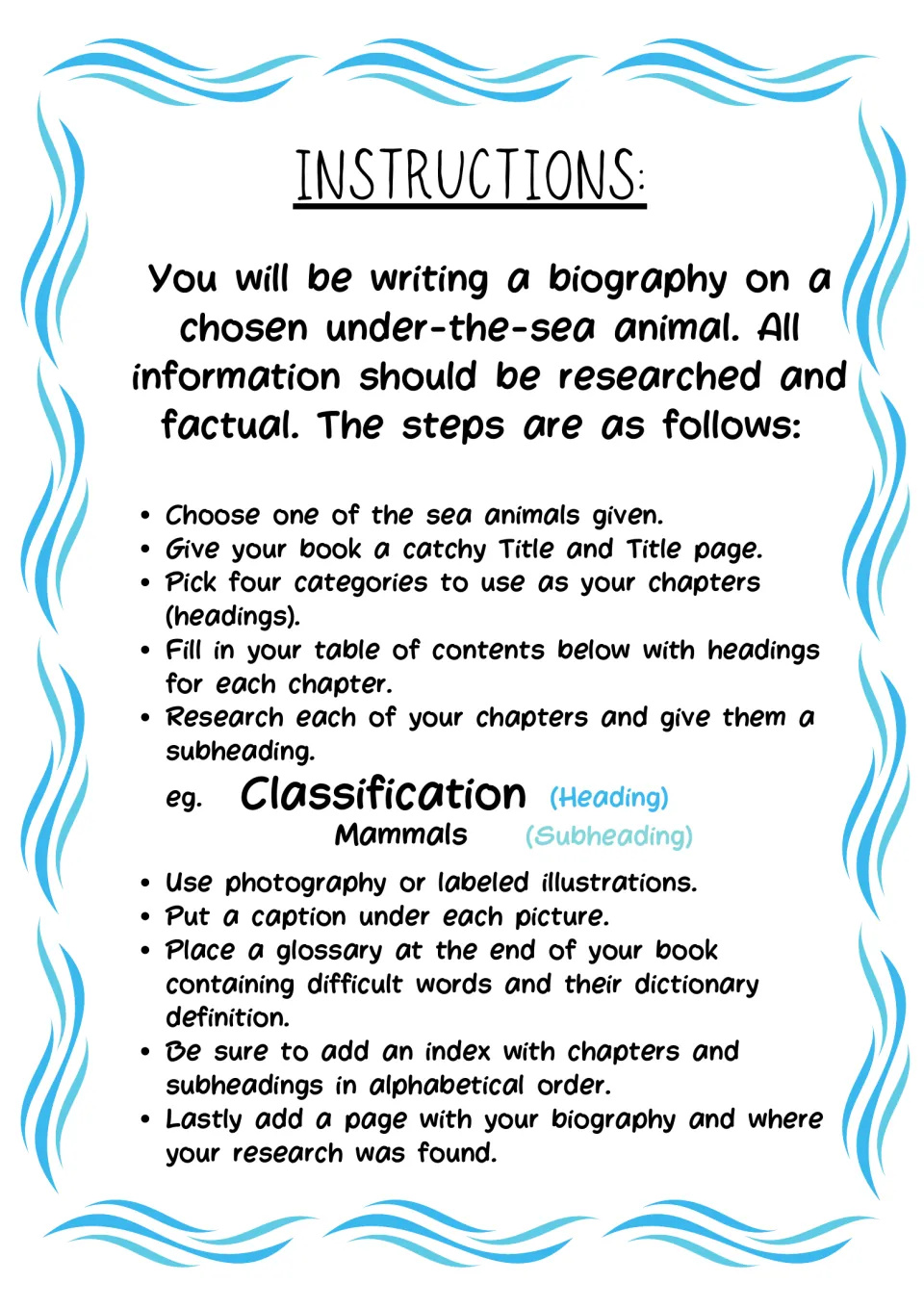 Project instructions cover animal research, chapter headings, captions, a glossary, and an alphabetical index