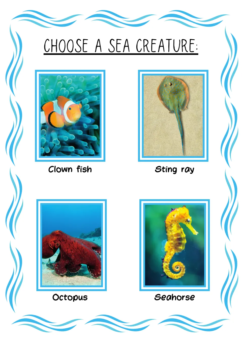 Second sea animal selection page for the research book: labeled photos of clownfish, stingray, octopus, and seahorse