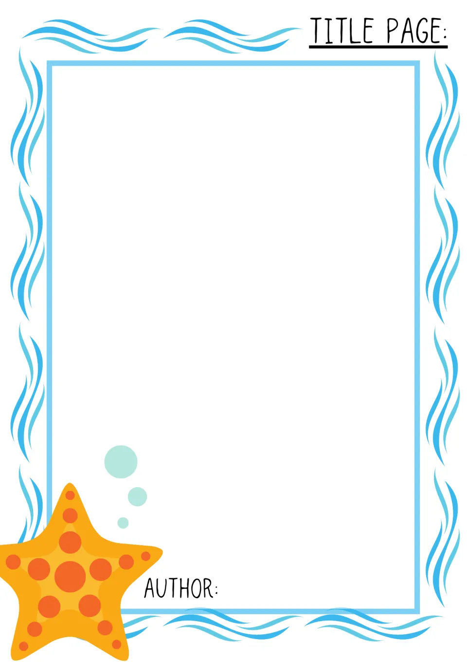 Title page template for the sea animal research book, where students add their book title and author name