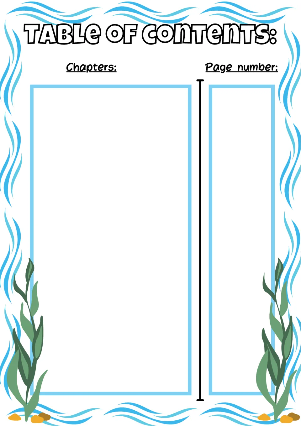Table of contents template for the sea animal research book, labeled for chapter names and page numbers