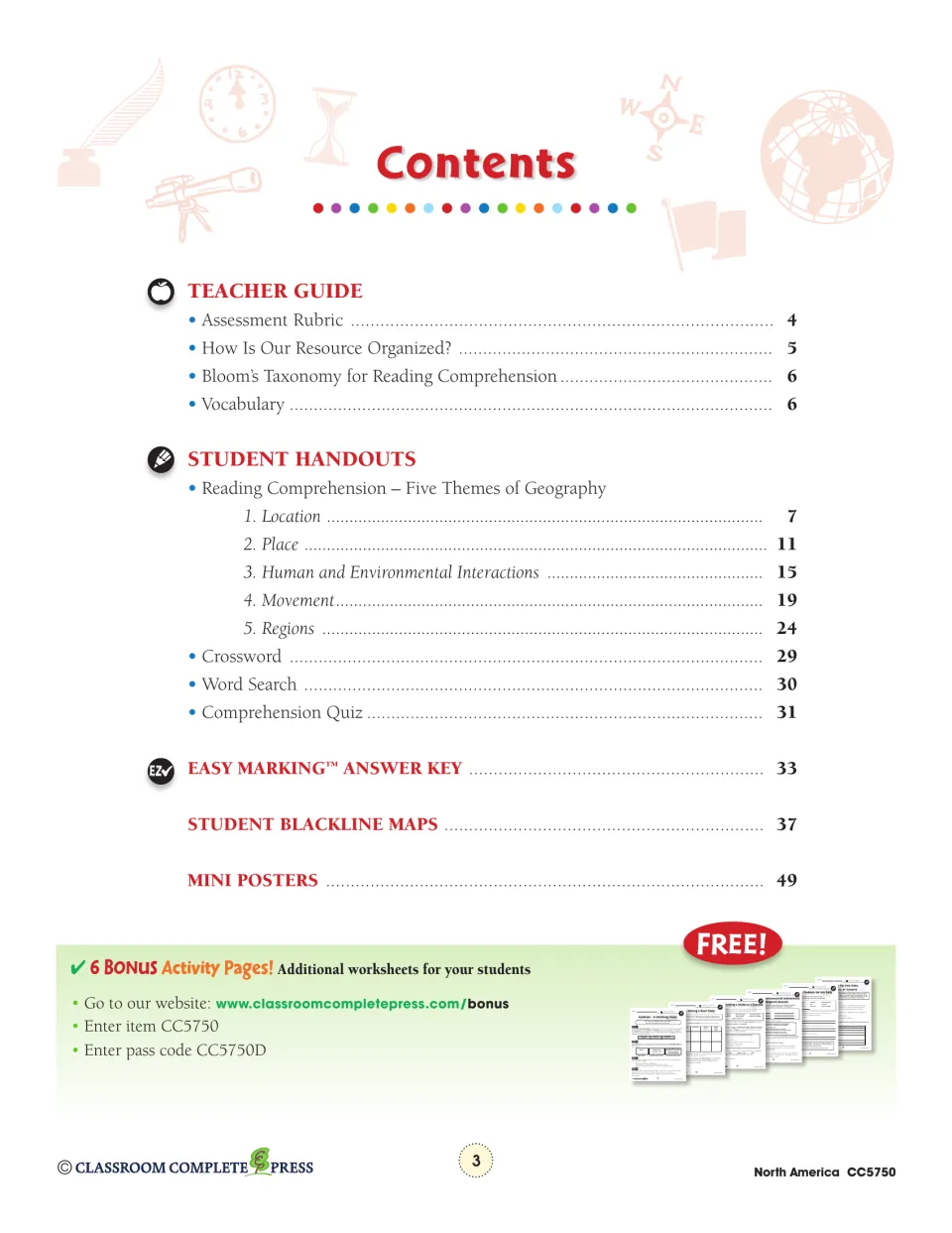 Contents: teacher guide, five geography theme readings, crossword, word search, quiz, answer key, maps and posters