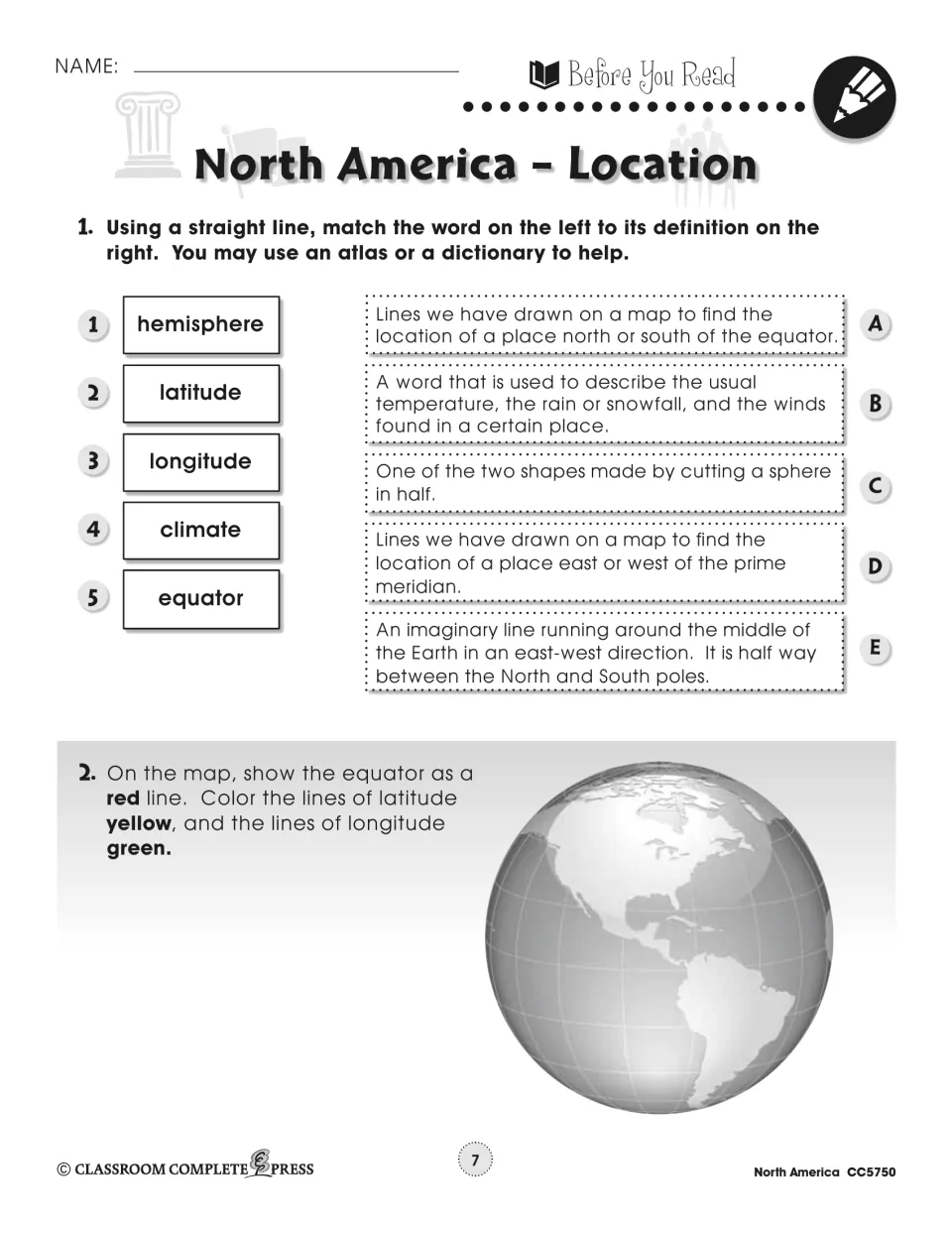 Location vocabulary: students match hemisphere, latitude, longitude, climate, equator to definitions, then color a globe