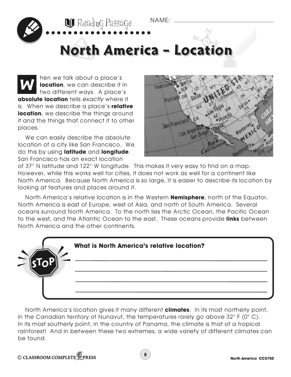 Location reading on absolute vs. relative location, latitude, longitude and surrounding oceans, with a stop question