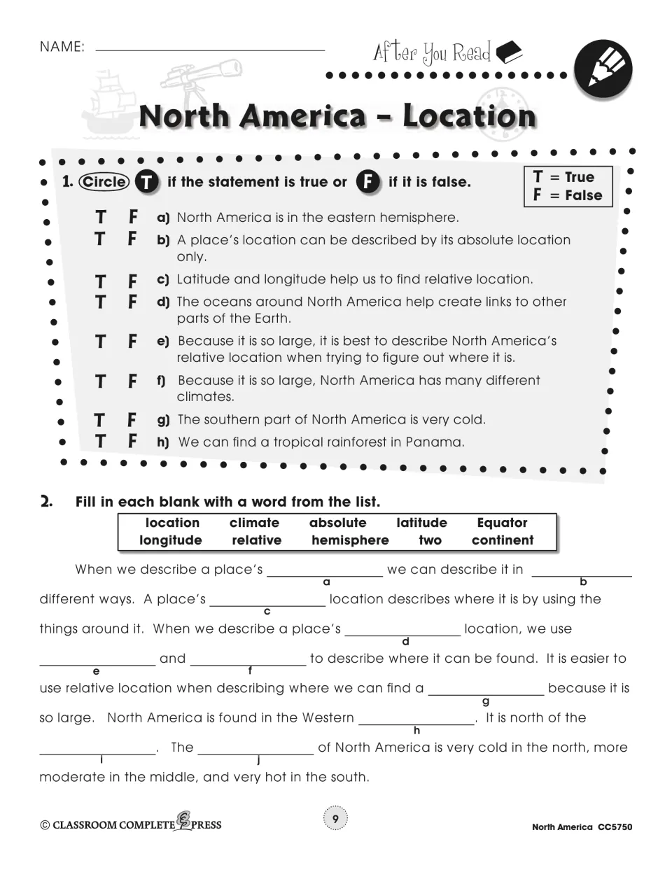 Location review: students circle true or false for 8 statements, then fill a cloze paragraph using a 10-word bank