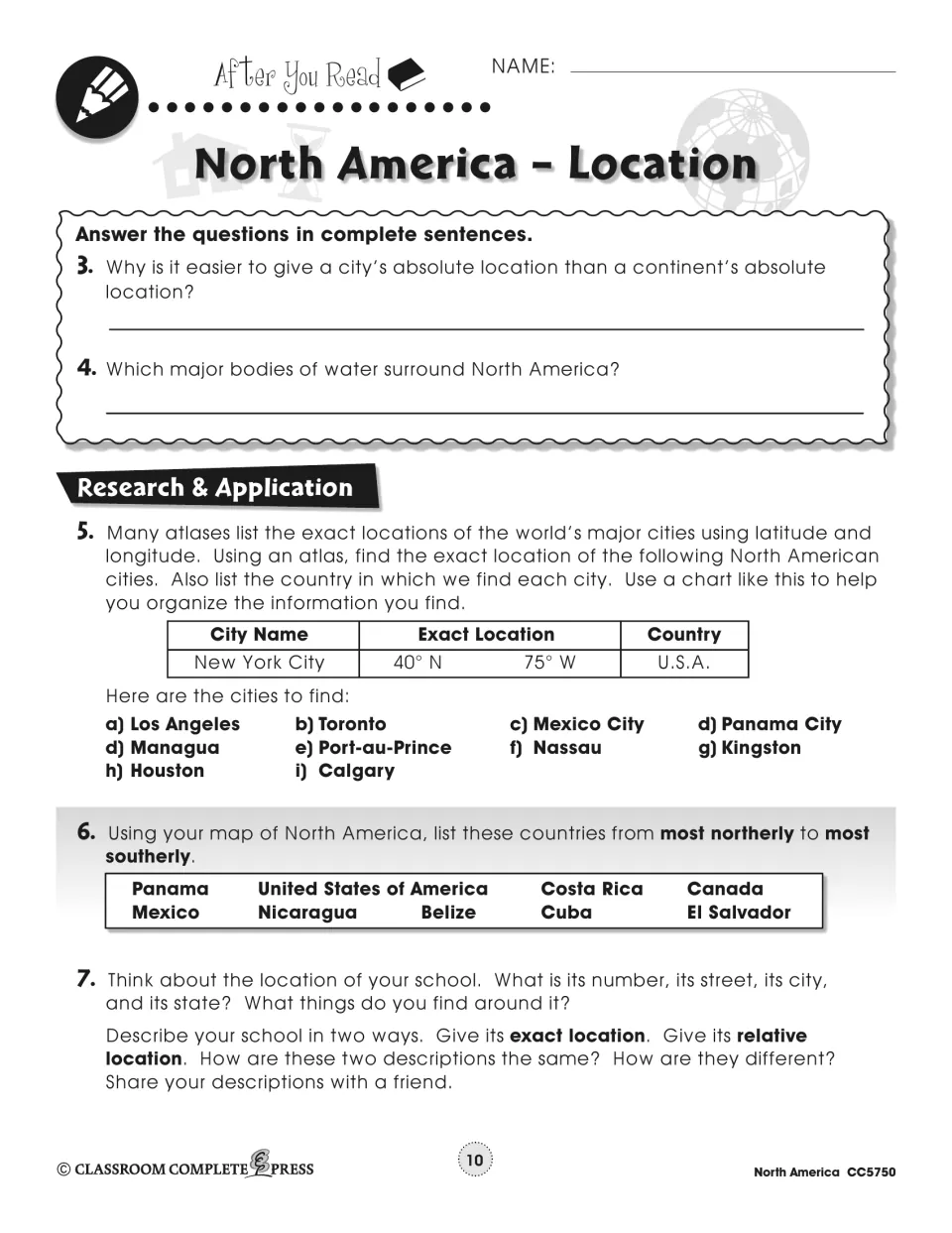 Location questions: students find city coordinates in an atlas and order countries from north to south
