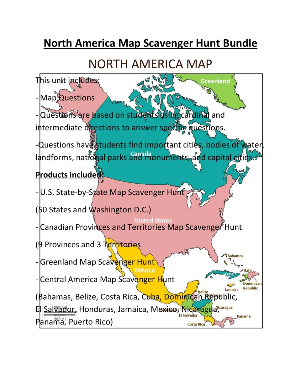 Bundle cover listing map scavenger hunts for U.S. states, Canadian provinces and territories, and Greenland