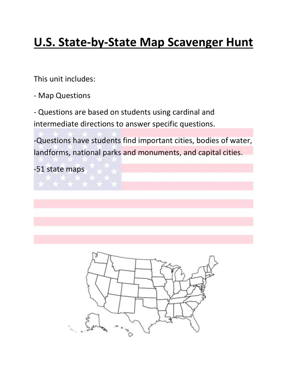 U.S. scavenger hunt section cover listing 51 maps and direction questions about cities and geographic features
