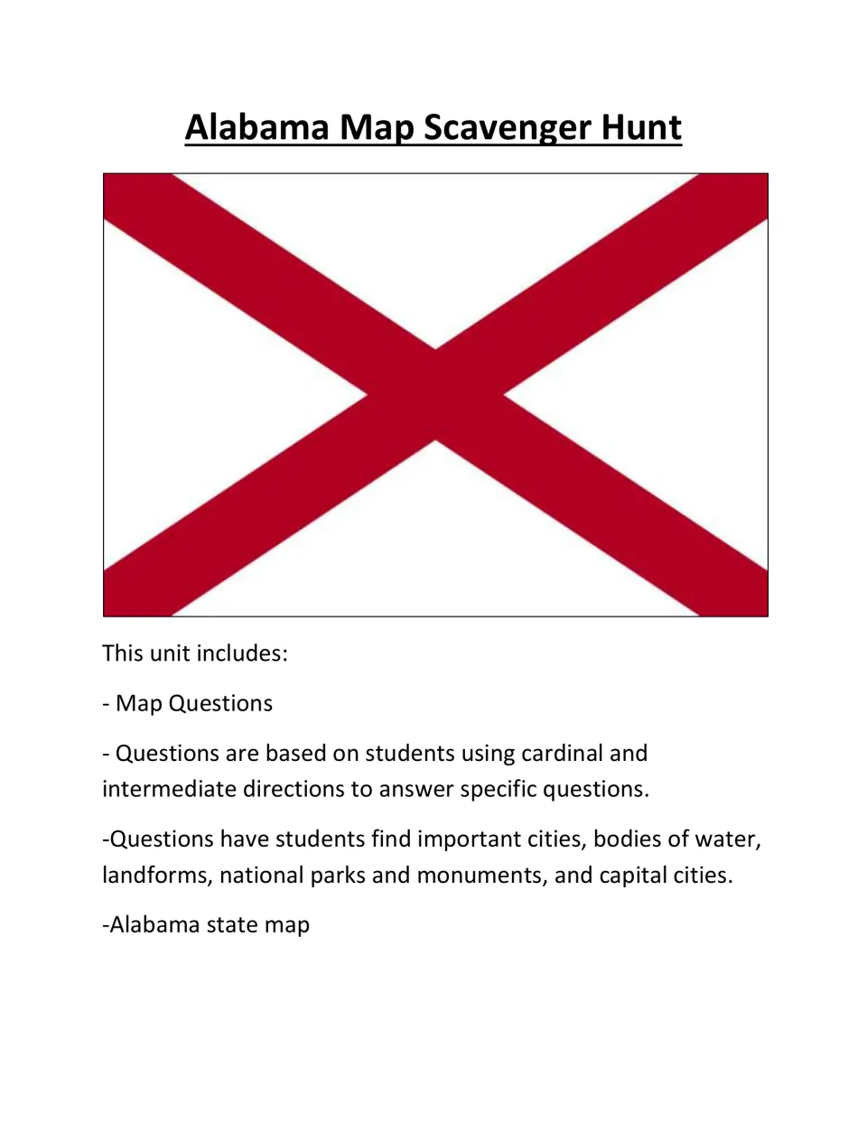 Alabama scavenger hunt cover introducing a state map and direction questions about cities and bodies of water