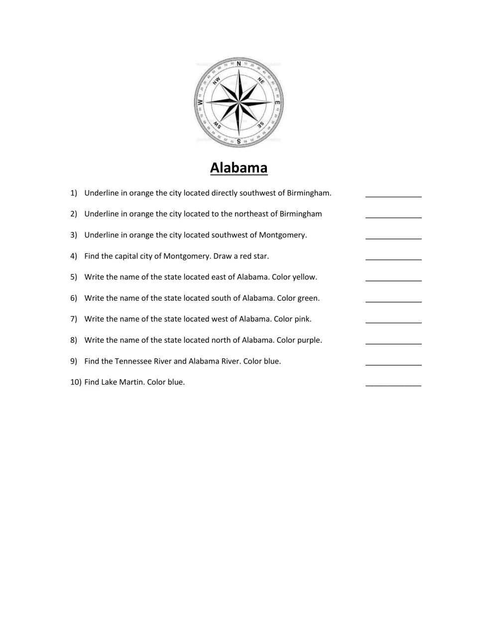 Alabama map hunt: 10 prompts to locate cities, neighboring states, rivers, and Lake Martin using directions