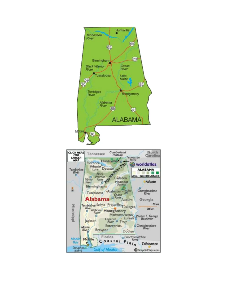 Alabama reference maps for the scavenger hunt label cities, rivers, Lake Martin, and neighboring states