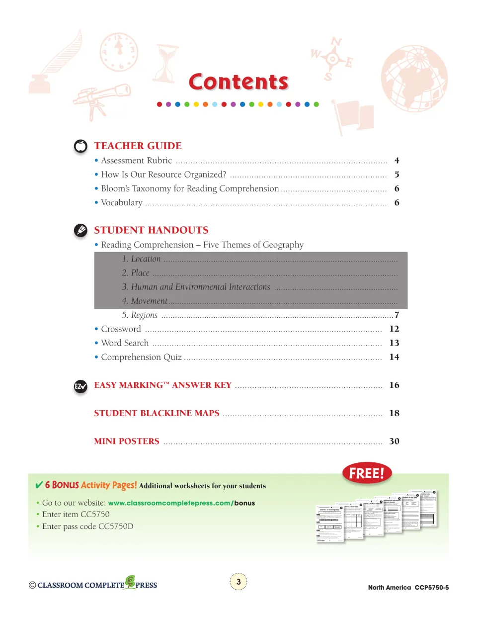 Contents: teacher guide, Regions reading, crossword, word search, quiz, answer key, blackline maps and mini posters