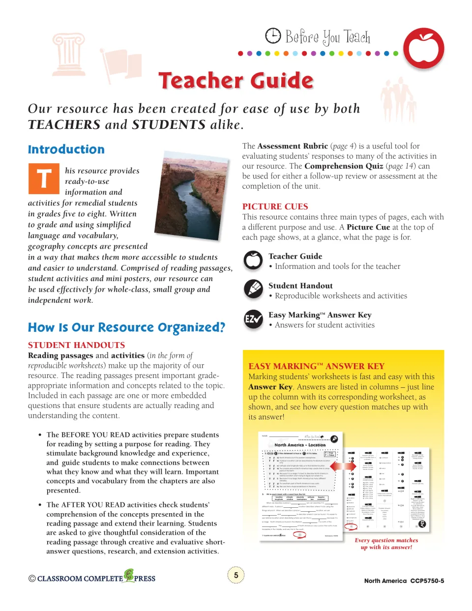 Teacher guide introduction explaining reading passages, before and after you read activities, picture cues and answer key