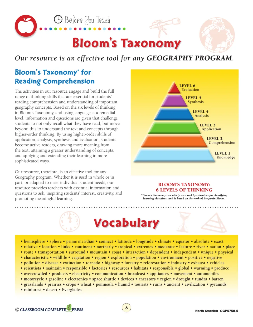 Bloom's Taxonomy pyramid of six thinking levels, plus a geography vocabulary list from hemisphere to Everglades