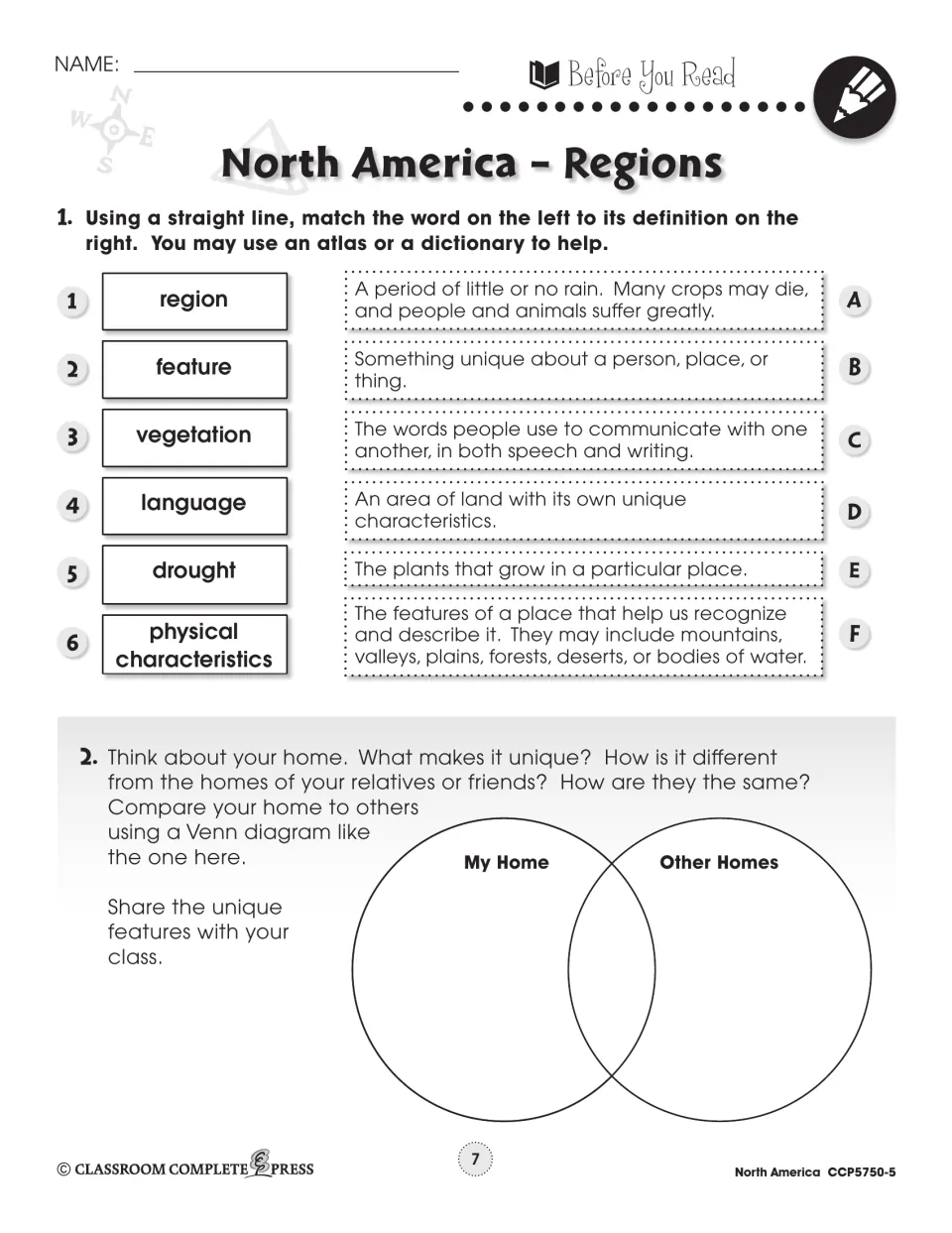Regions vocabulary warm-up: students match six terms to definitions, then compare homes in a Venn diagram