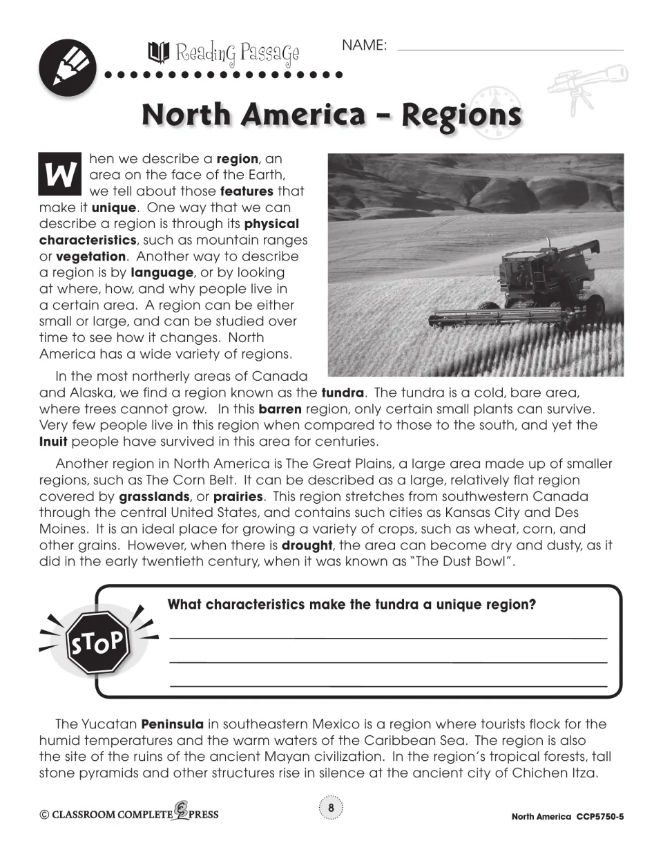 Regions reading passage on the tundra, Great Plains and Yucatan Peninsula, with a stop question about the tundra