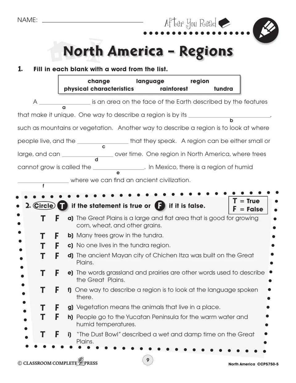 Regions comprehension check: students fill blanks from a word list and circle true or false for nine statements