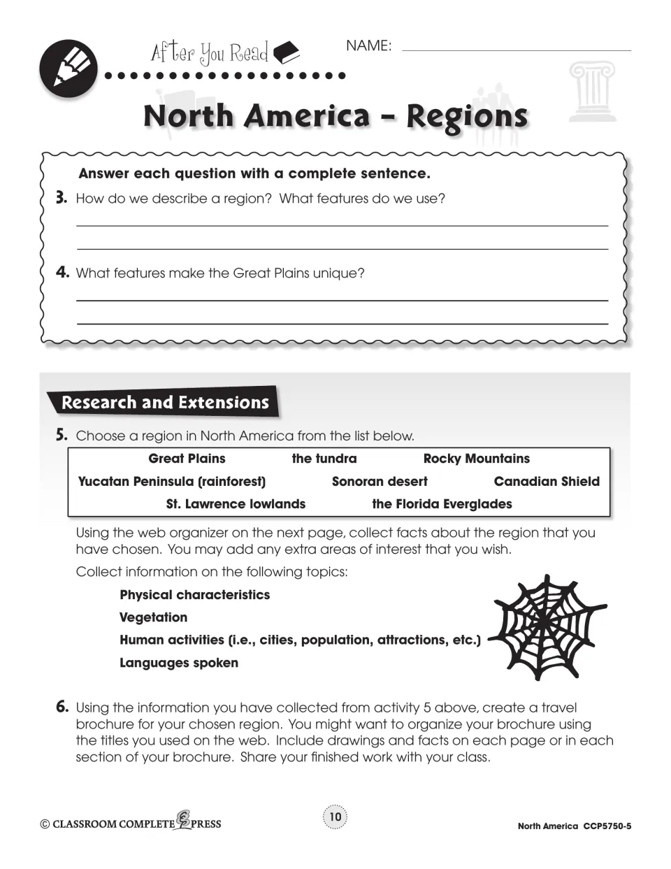 Regions written response: students answer two questions, then research a region on a web organizer and make a brochure