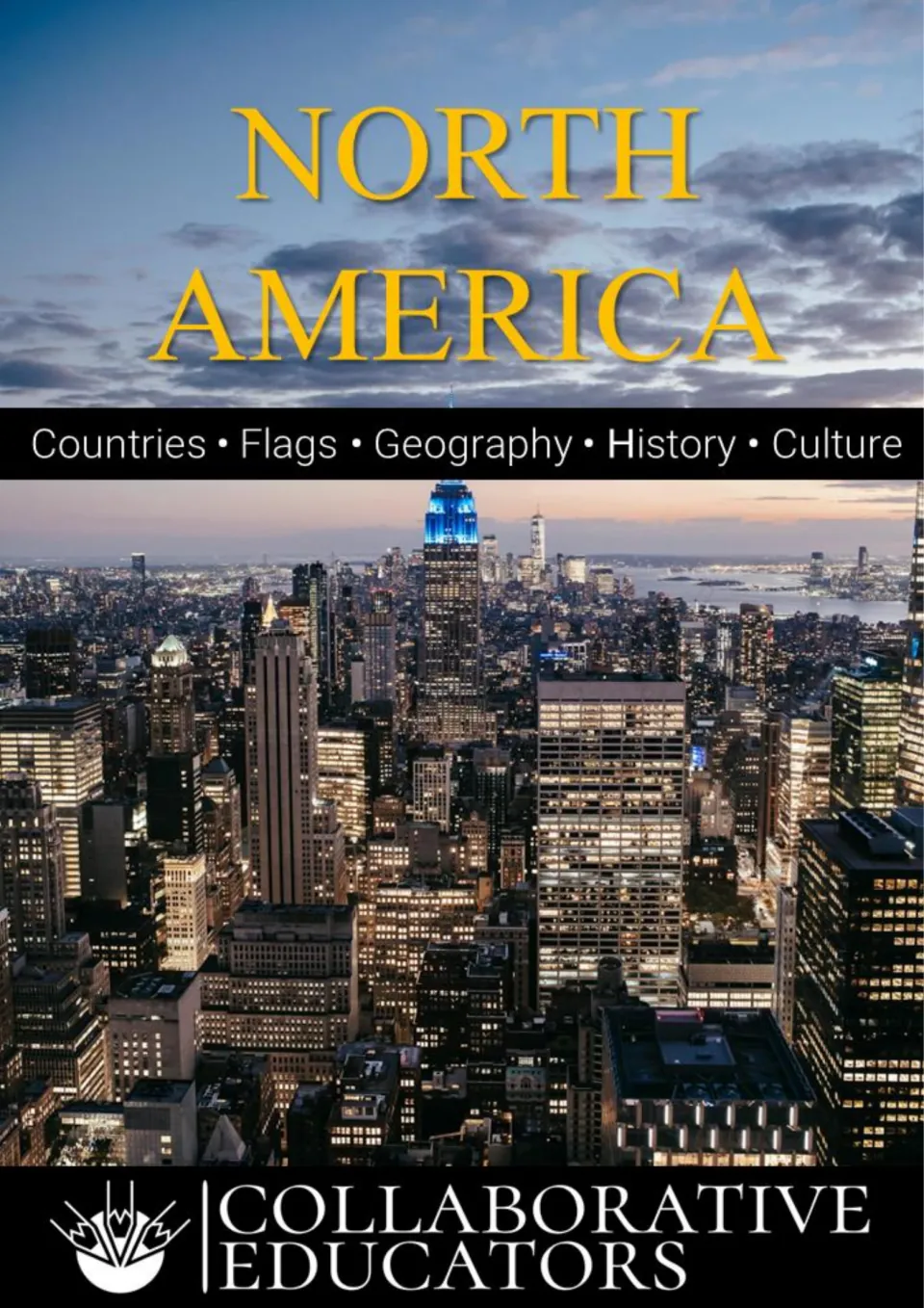 North America ebook cover listing countries, flags, geography, history, and culture above a city skyline
