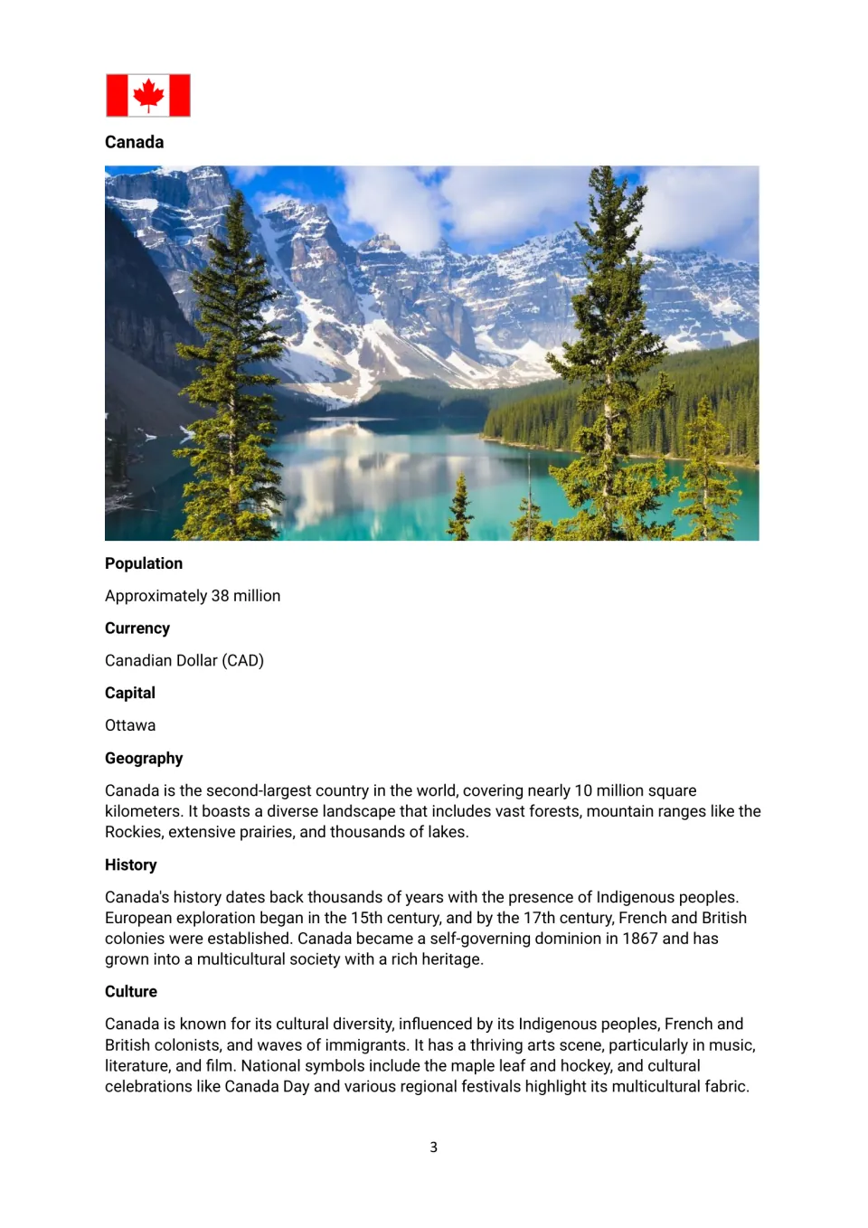 Canada country profile covering Ottawa, the Canadian dollar, population, geography, history, and culture
