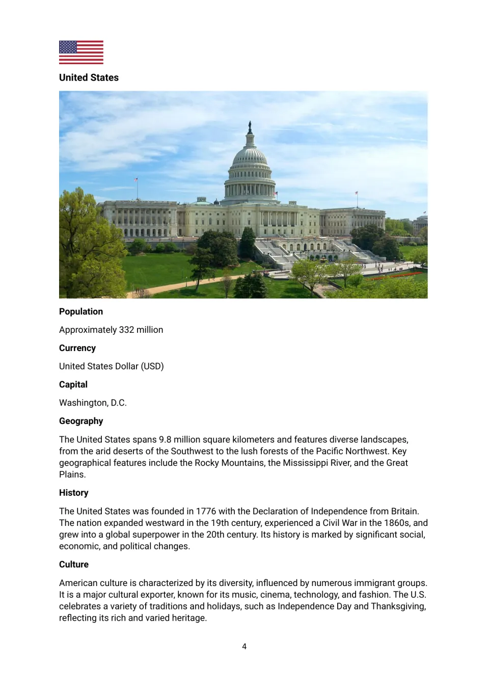 United States country profile covering Washington, D.C., population, currency, geography, history, and culture