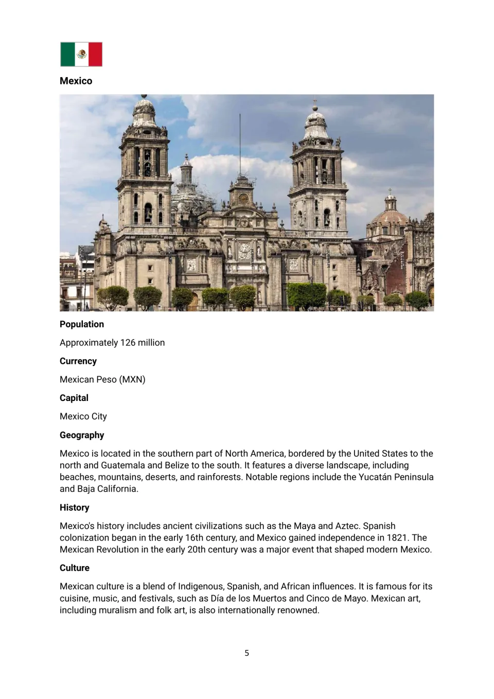 Mexico country profile covering Mexico City, the Mexican peso, population, geography, history, and culture