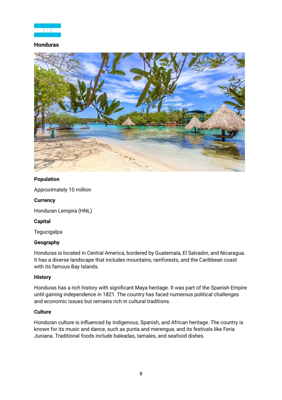 Honduras country profile covering Tegucigalpa, the lempira, population, geography, history, and culture