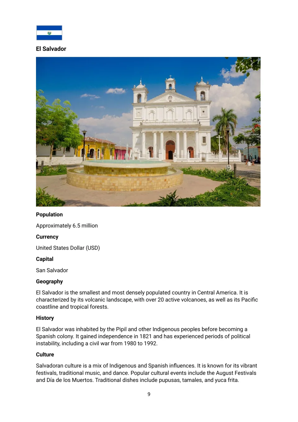 El Salvador country profile covering San Salvador, the U.S. dollar, geography, history, and culture