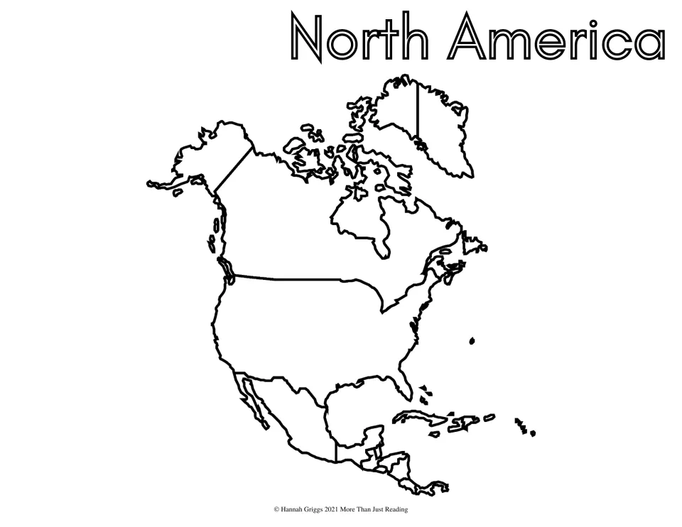North America outline map to color, showing Canada, the US, Mexico, Central America, Greenland and Caribbean islands