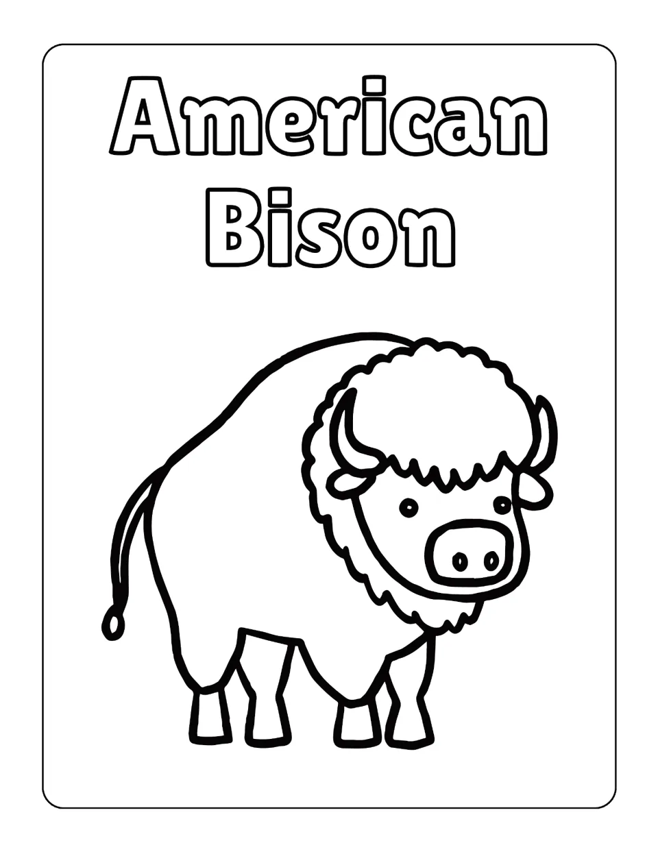 American Bison coloring sheet in the North American animal collection, showing a bison with a rounded body