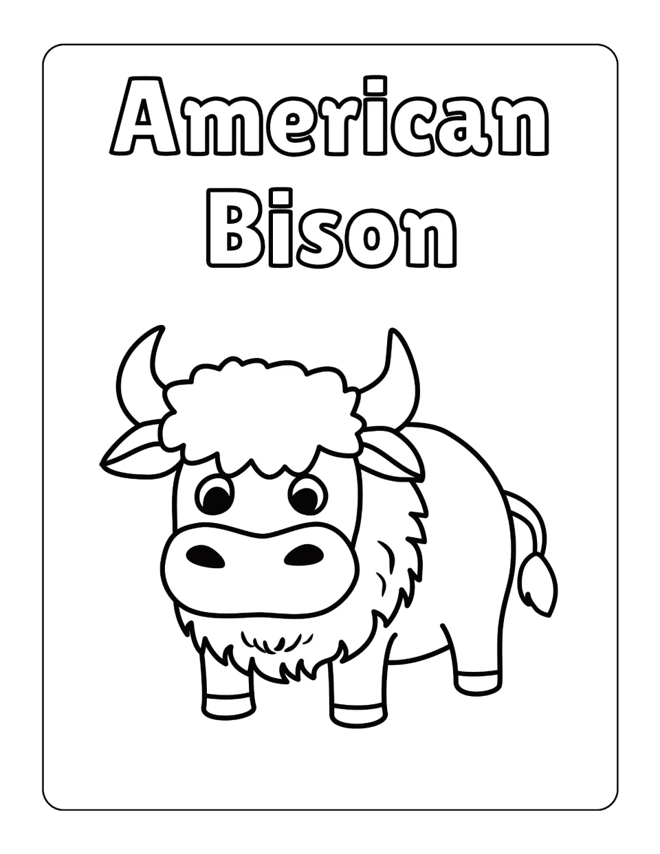 American Bison coloring sheet in the North American animal collection, showing a bison with large eyes