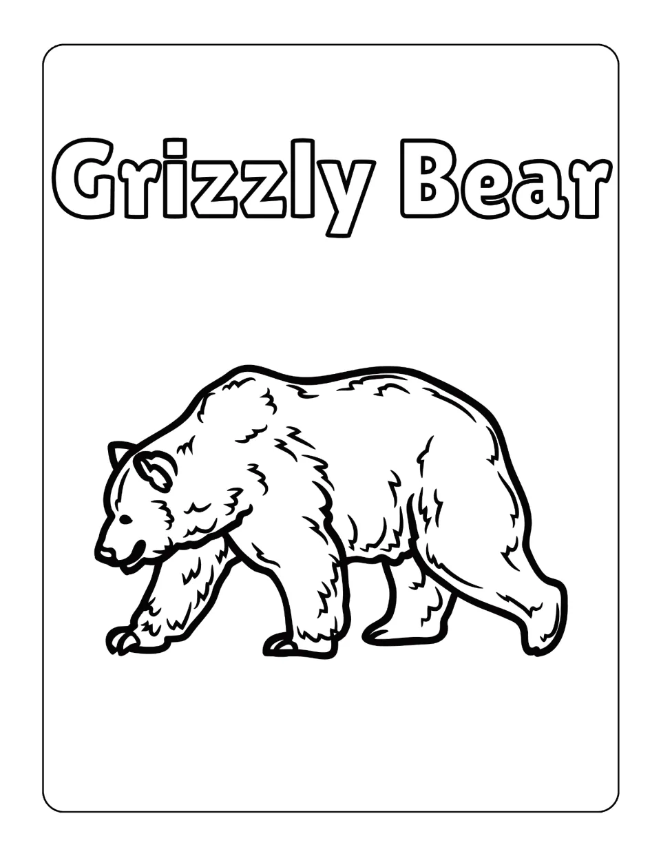 Grizzly Bear coloring sheet in the North American animal collection, showing a walking bear with shaggy fur