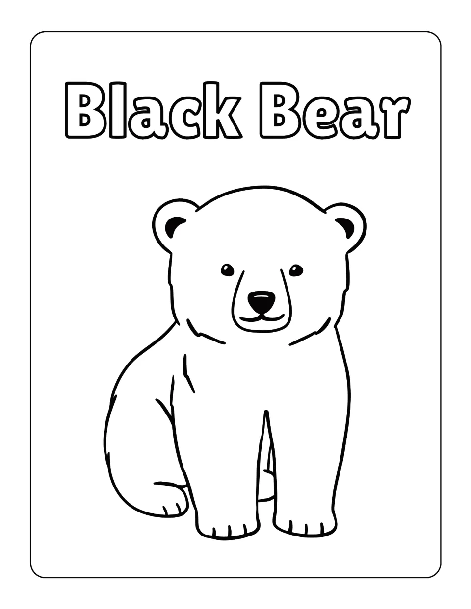 Black Bear coloring sheet in the North American animal collection, showing a seated bear facing forward