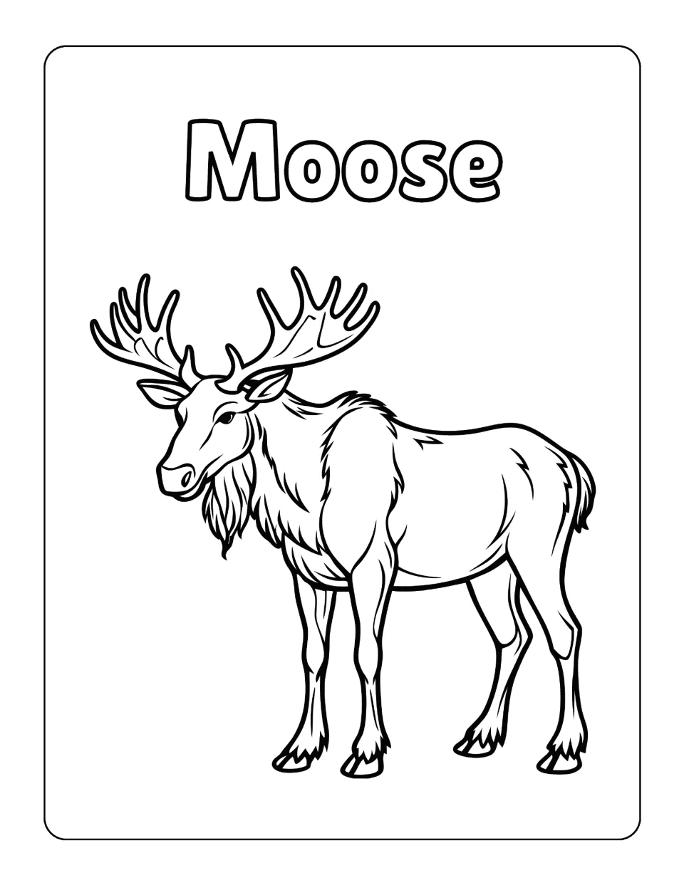 Moose coloring sheet in the North American animal collection, showing a moose with detailed fur and antlers