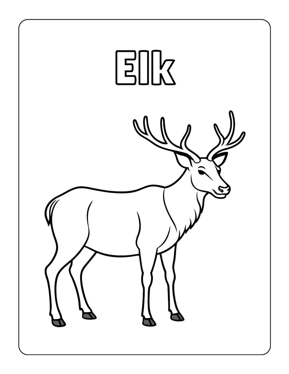 Elk coloring sheet in the North American animal collection, showing a standing elk with branching antlers
