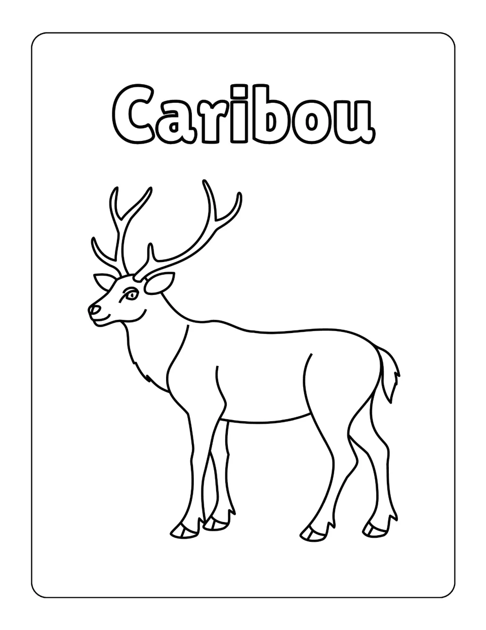 Caribou coloring sheet in the North American animal collection, showing an antlered caribou facing left