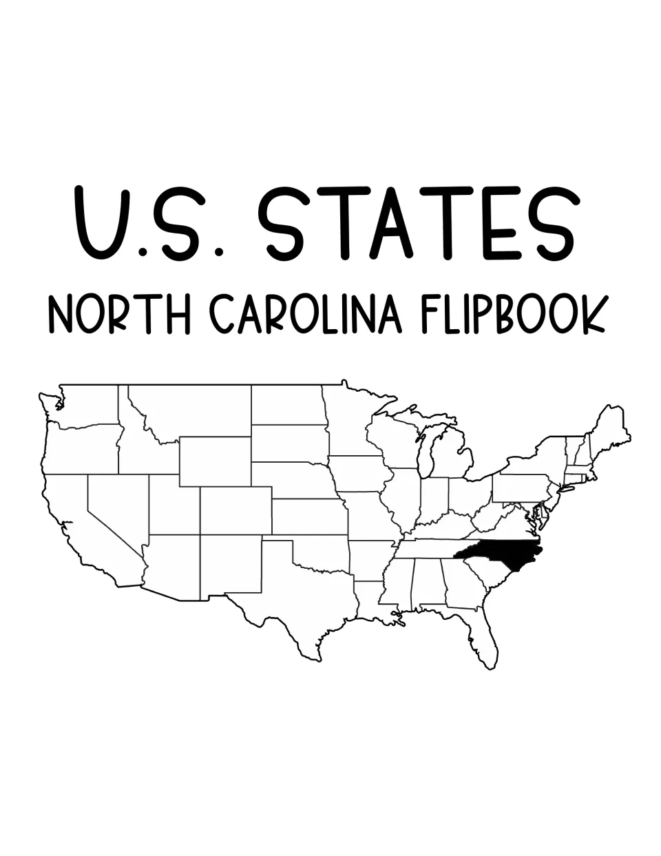 U.S. States North Carolina Flipbook cover showing a U.S. map outline with North Carolina shaded in black