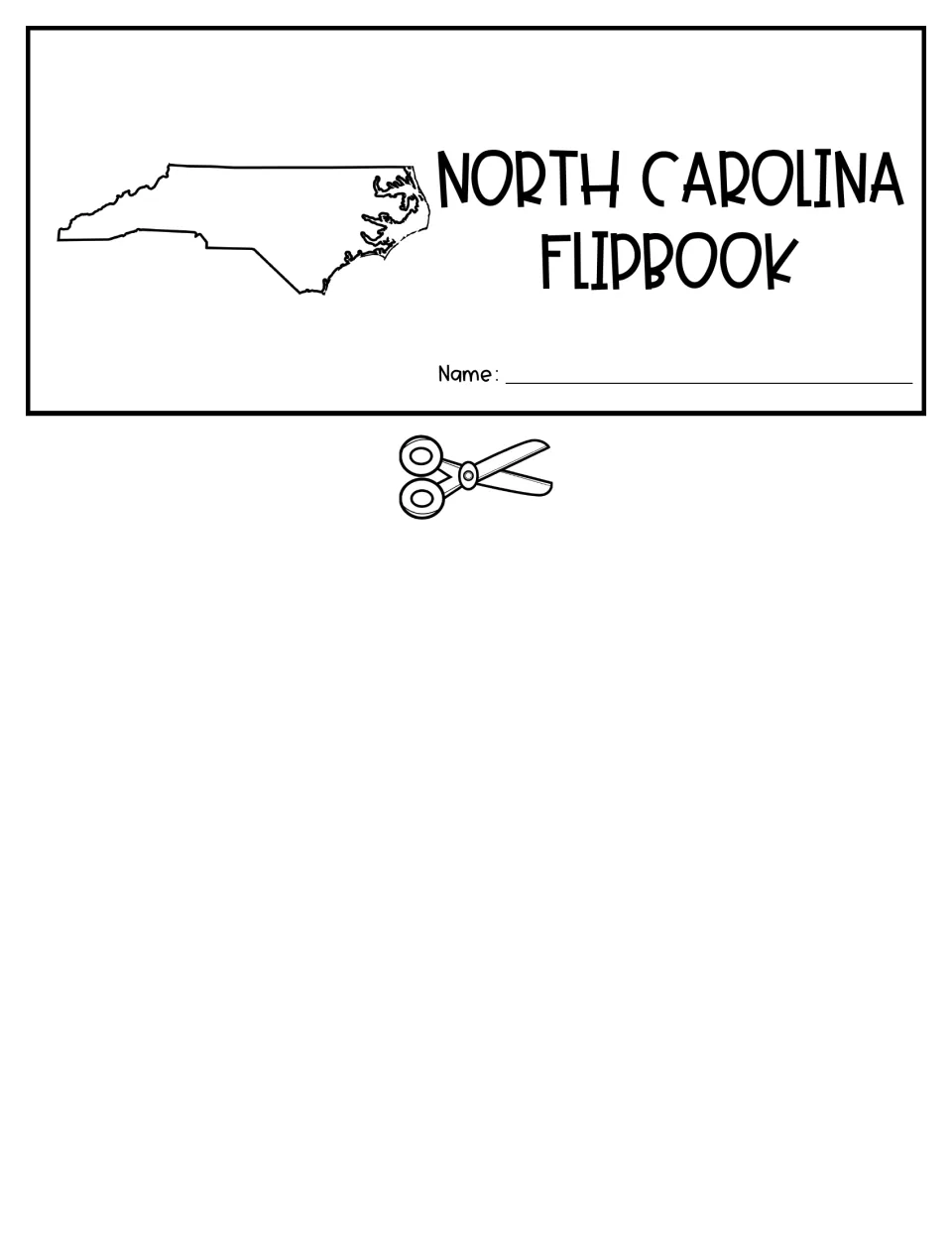 Flipbook title flap to cut out: North Carolina outline map beside the heading North Carolina Flipbook and a Name line