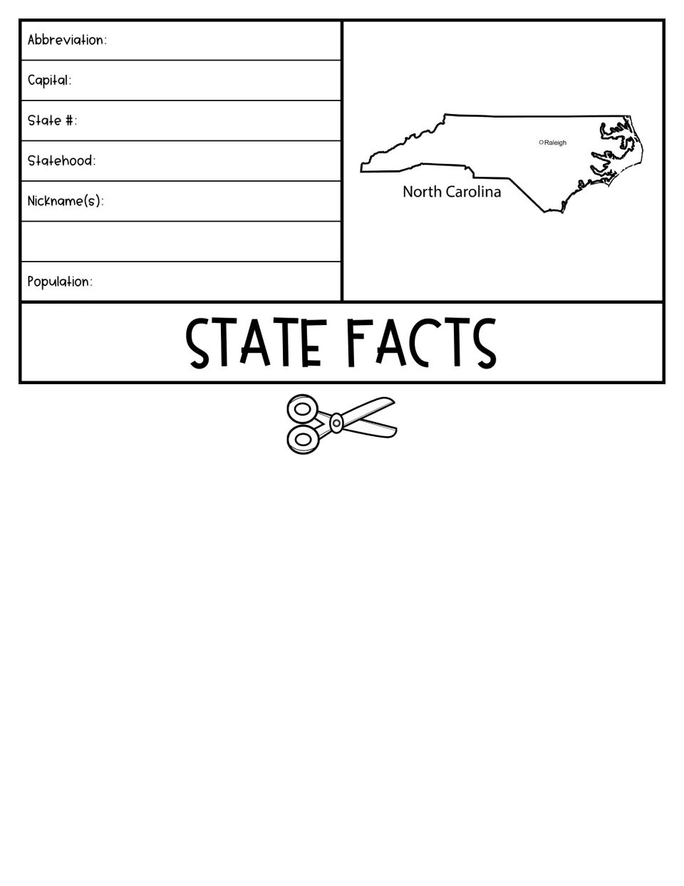 State Facts flap: students record abbreviation, capital, statehood, nicknames and population beside a map marking Raleigh