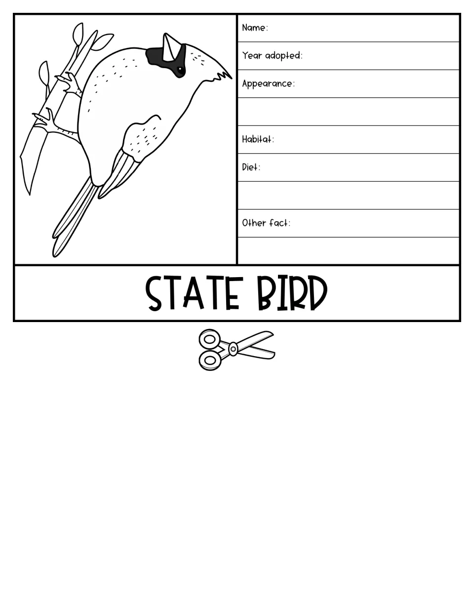 State Bird flap: students write name, year adopted, appearance, habitat, diet and another fact beside a bird drawing