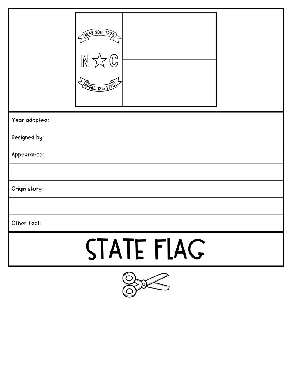 State Flag flap: NC flag with May 20th 1775 and April 12th 1776; students record year adopted, designer and origin story