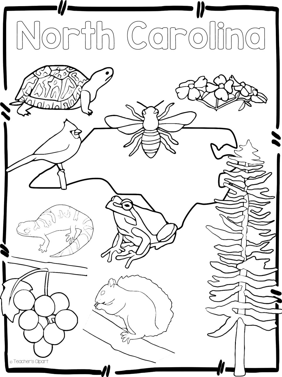 North Carolina symbols coloring page: cardinal, turtle, bee, frog, squirrel, grapes and pine tree over a state outline