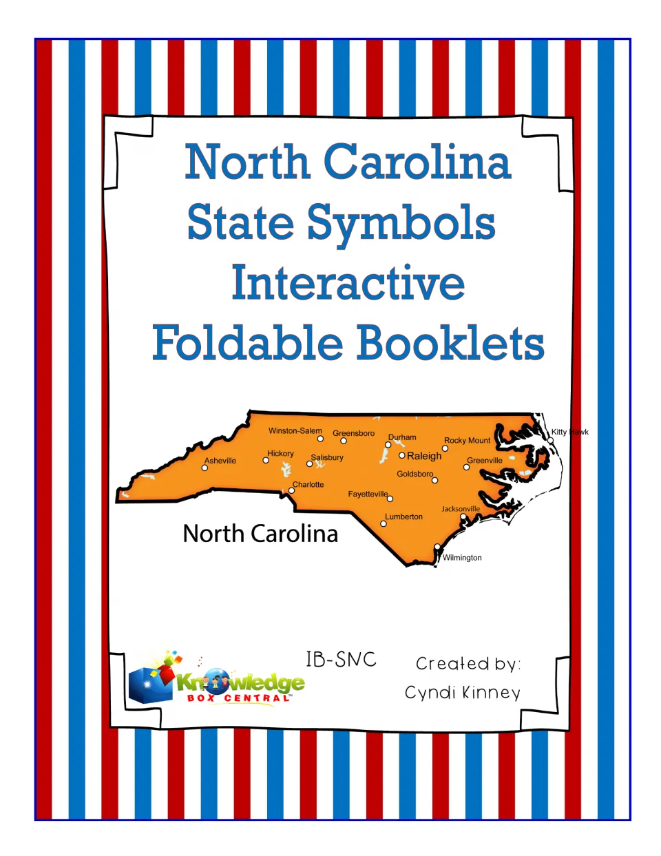 Cover of North Carolina State Symbols Interactive Foldable Booklets with an orange map labeling Raleigh and other cities