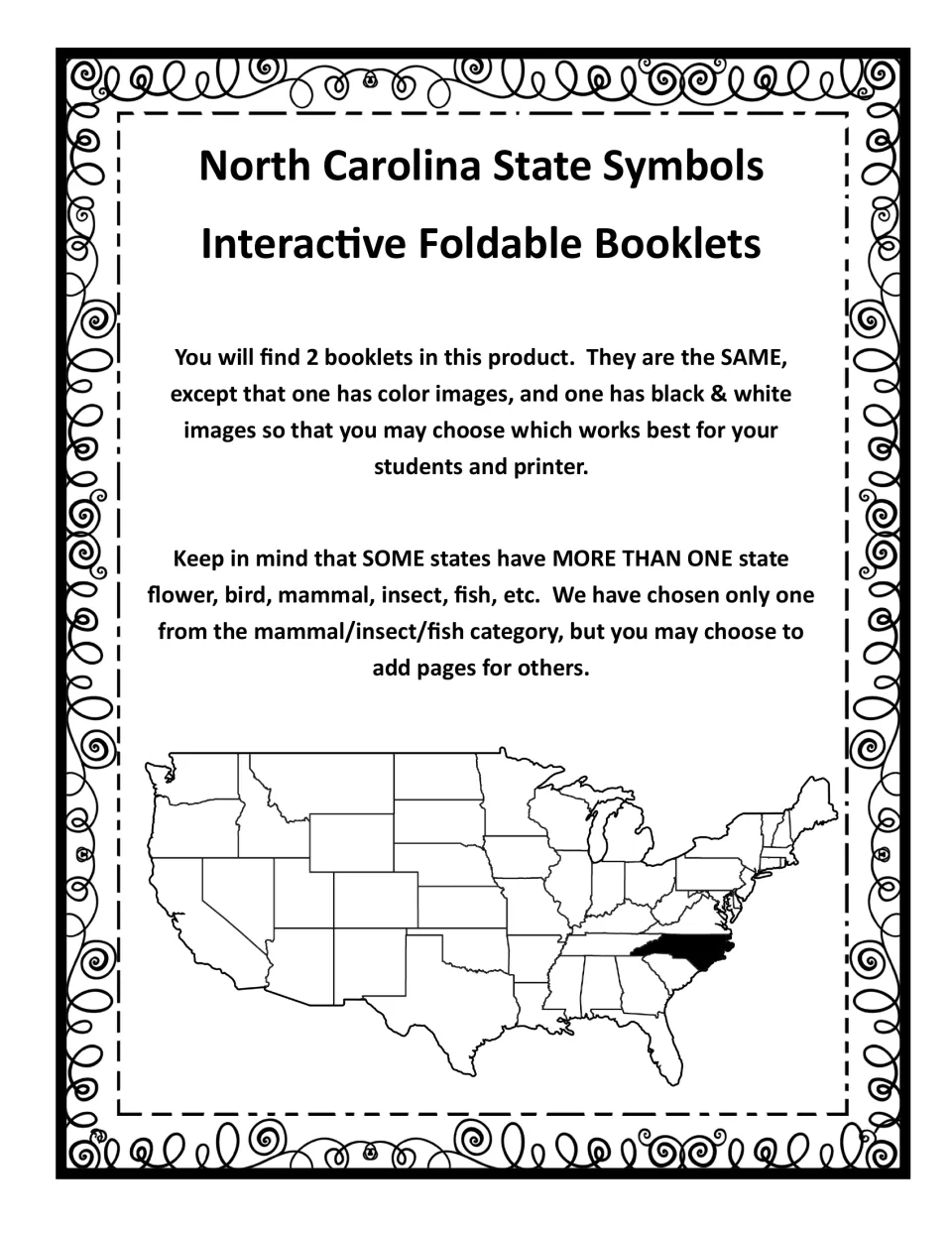 Teacher note: two identical booklets, one in color and one in black and white, with NC shaded on a U.S. map