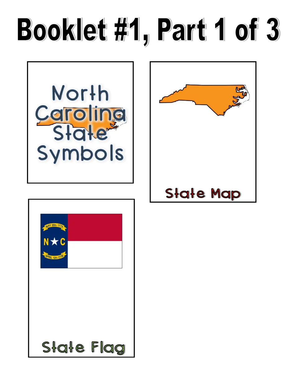 Color booklet cut-out pieces, part 1 of 3: a title flap, a State Map page with the NC outline and a State Flag page