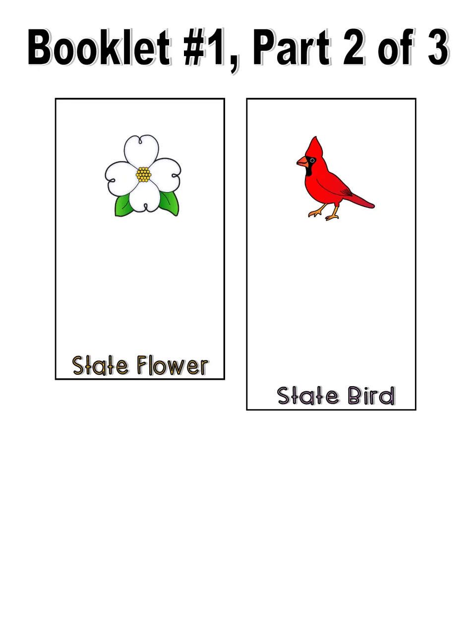 Color booklet cut-out pieces, part 2 of 3: State Flower page with a dogwood bloom and State Bird page with a red cardinal